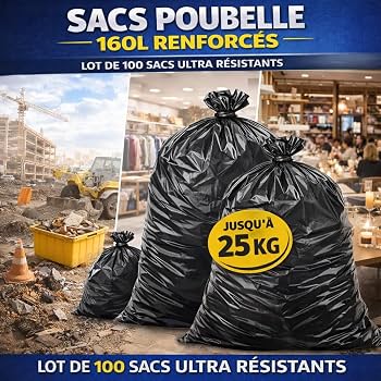 Sacs poubelle 160 L – Grande capacité et résistance 55 microns - Carton de 100 pièces
