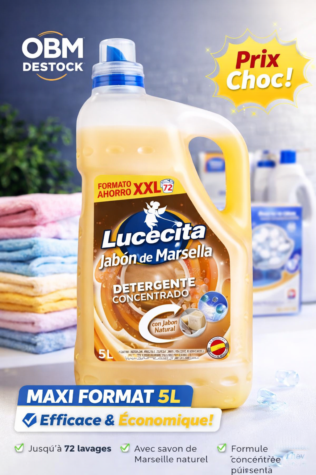 Lucecita Savon de Marseille Lot de 2 Bidons 5 Litres (10L) – Lessive Liquide Concentrée 144 Lavages