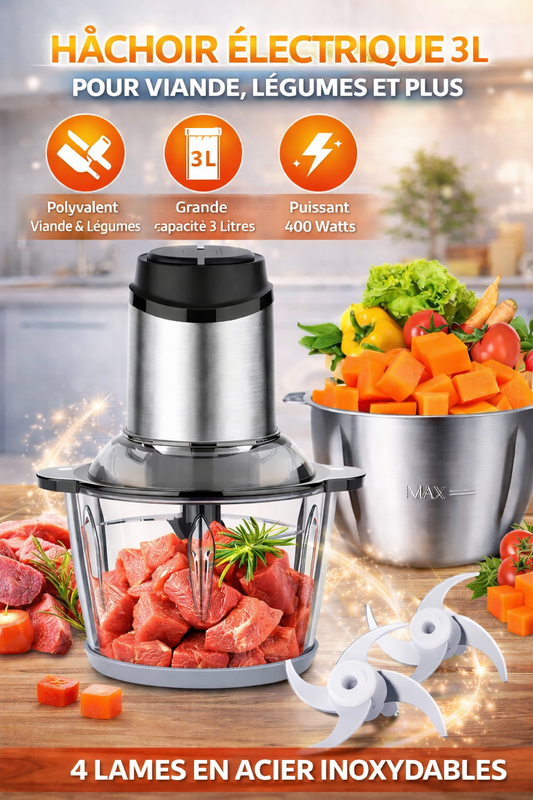 Hachoir Électrique 3 Litres – 400W – 4 Lames Inox – Viande & Légumes
