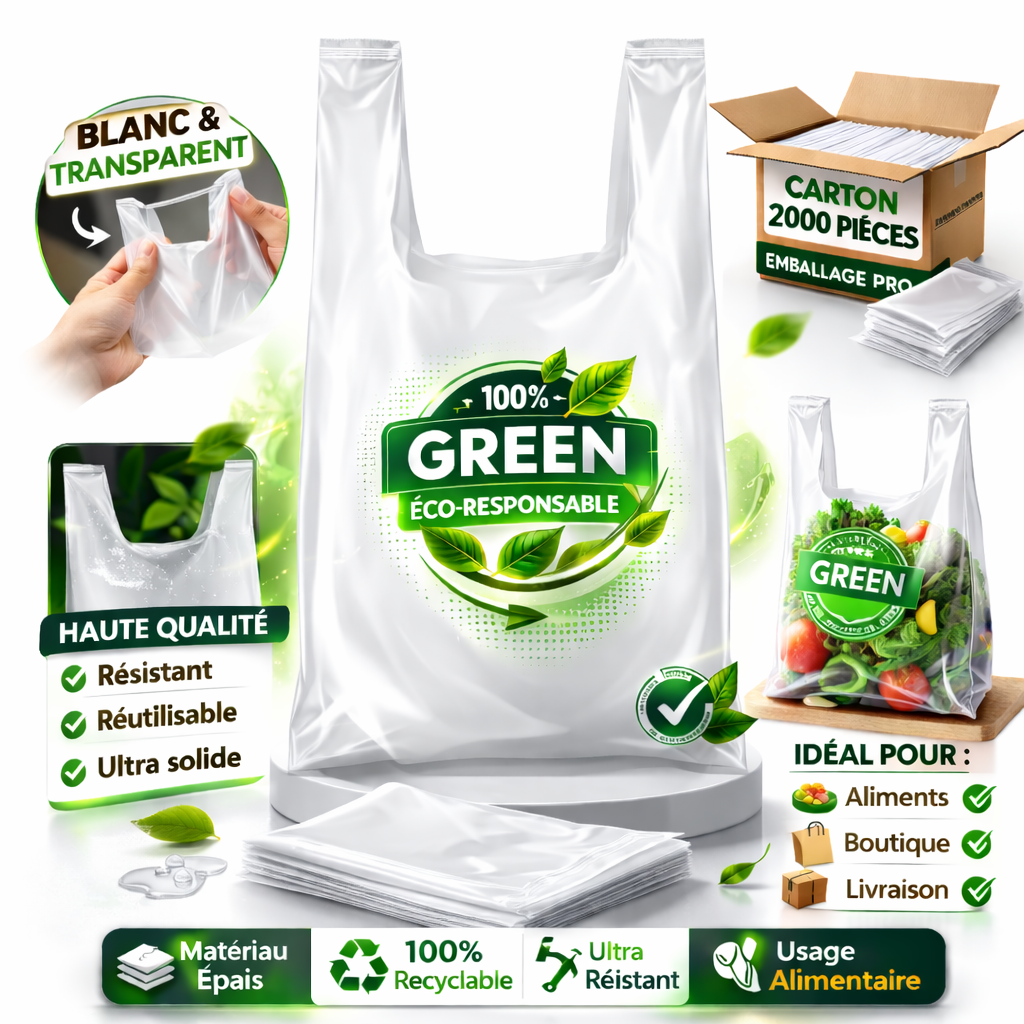 Sac Plastique Transparent à Bretelles – Carton de 2000 Pièces  26*12*45– Usage Alimentaire & Commerce
